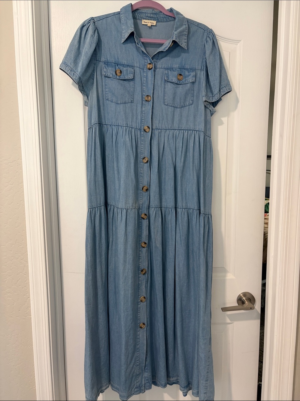 Light Wash Denim Maxi Shirt Dress - Short Sleeve